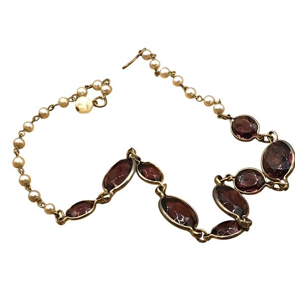 Elegant Choker Length Necklace, Vintage Faux Pearl and Bezel Set Purple Crystals - Picture 4 of 4